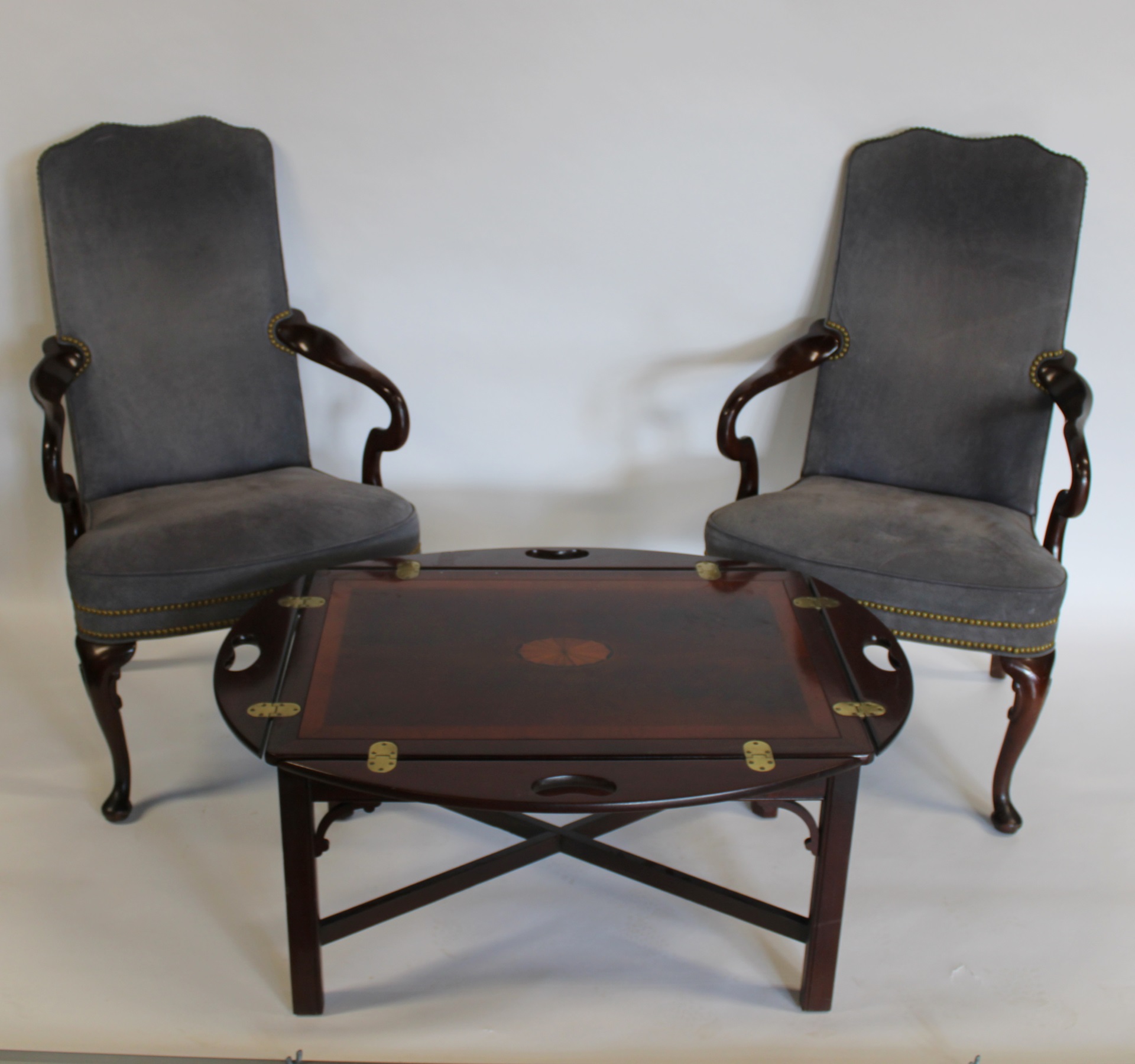 A PAIR OF SUEDE UPHOLSTERED Q.A.
