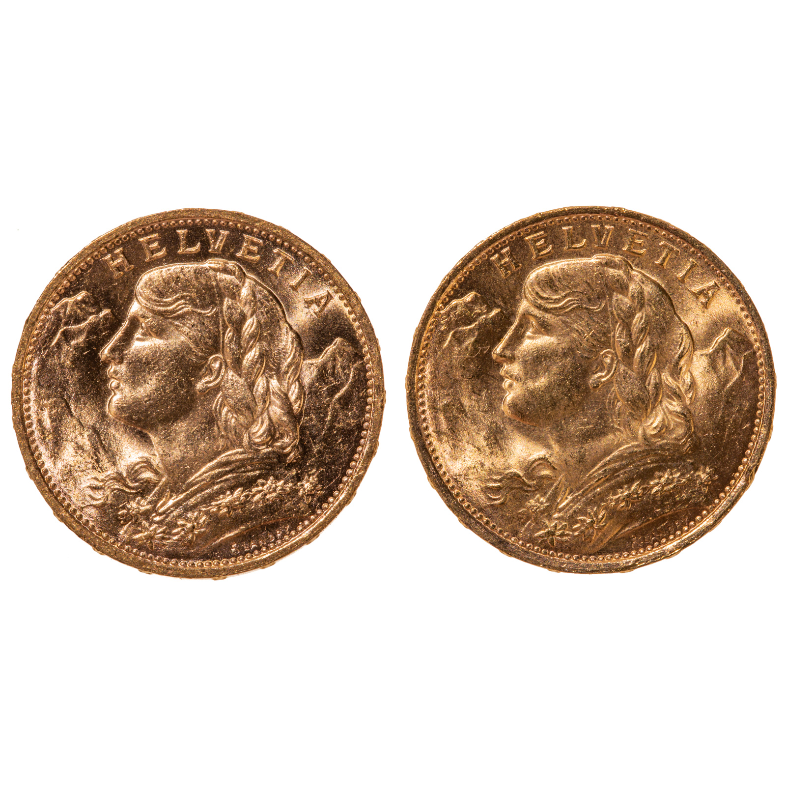 A PAIR OF SWISS GOLD 20 FRANCS FROM