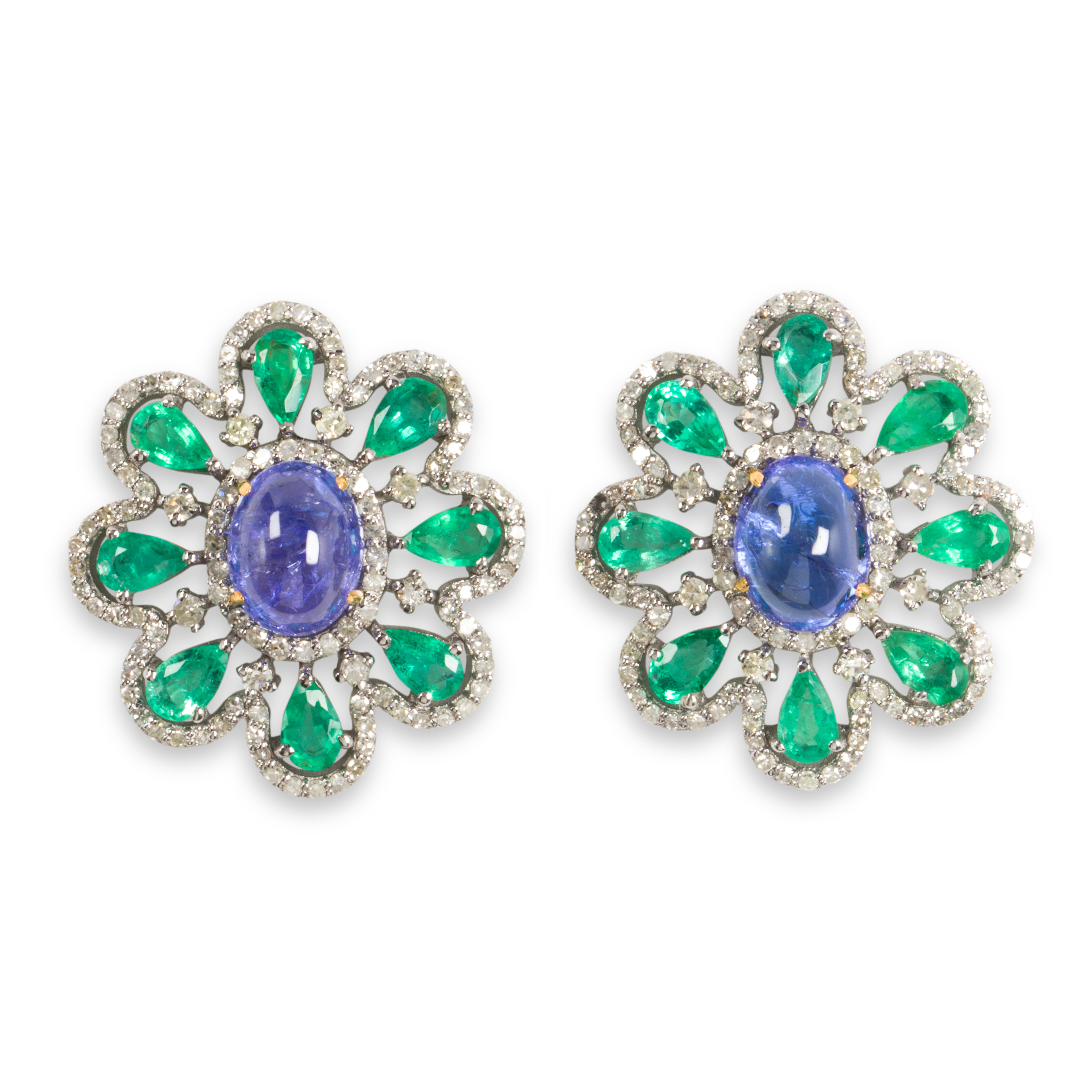 A PAIR OF TANZANITE, EMERALD AND