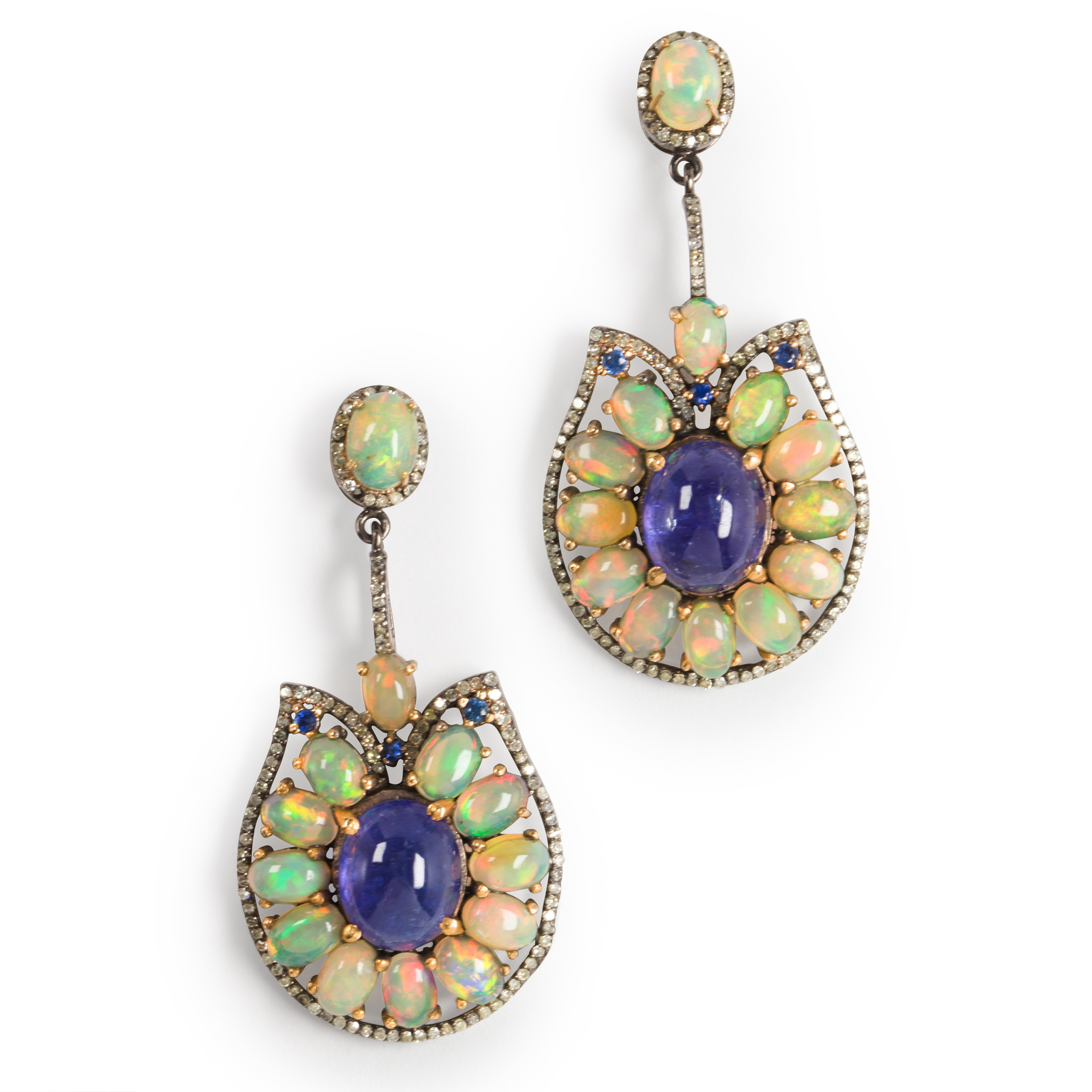 A PAIR OF TANZANITE, OPAL AND