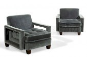 A PAIR OF TEAL UPHOLSTERED ARM