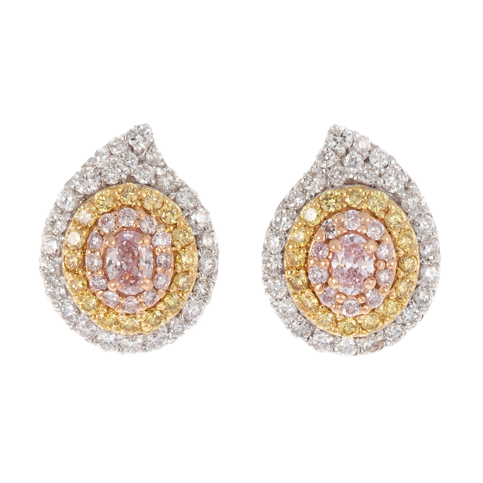 A PAIR OF TRI-COLOR DIAMOND STUDS