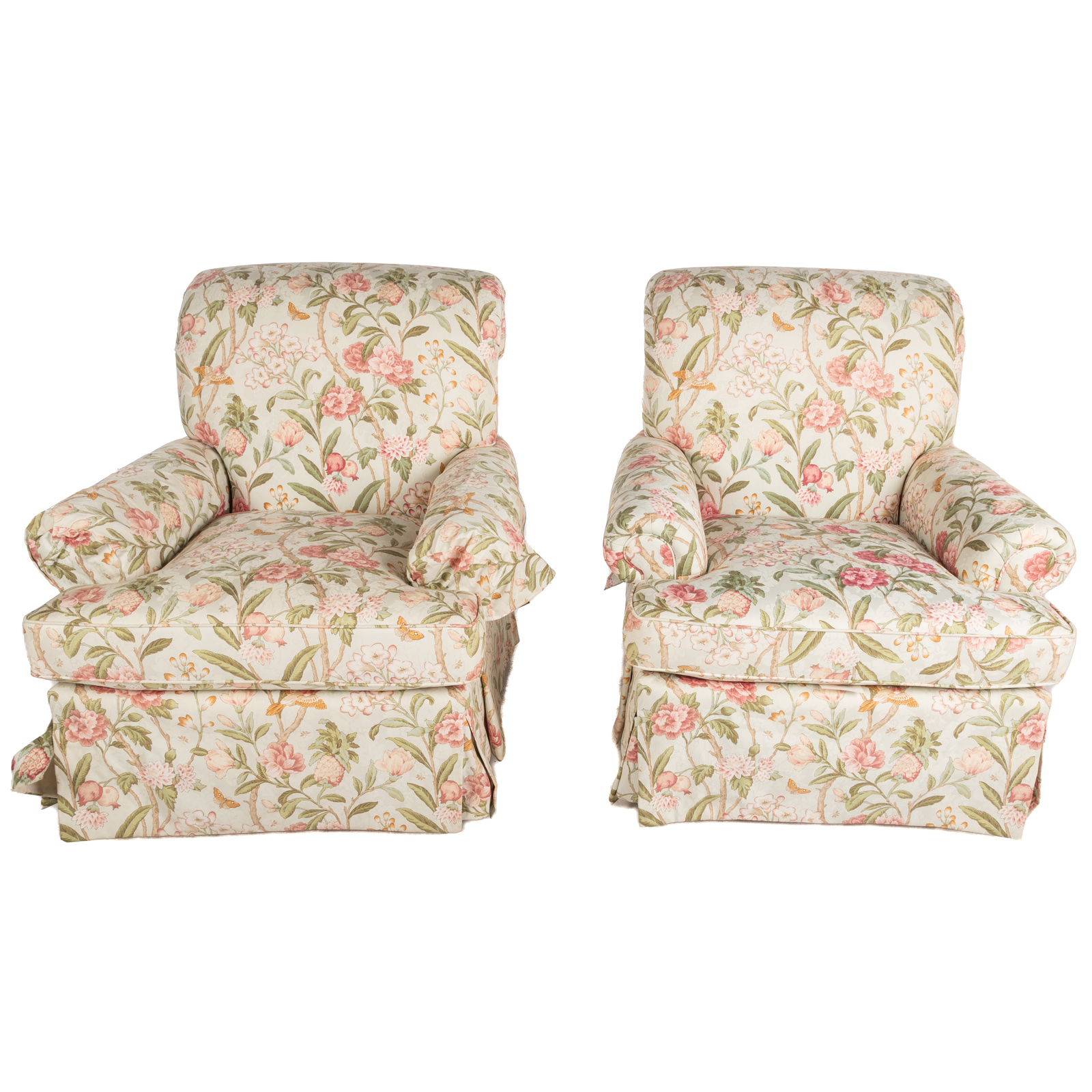 A PAIR OF UPHOLSTERED SWIVEL CHAIRS