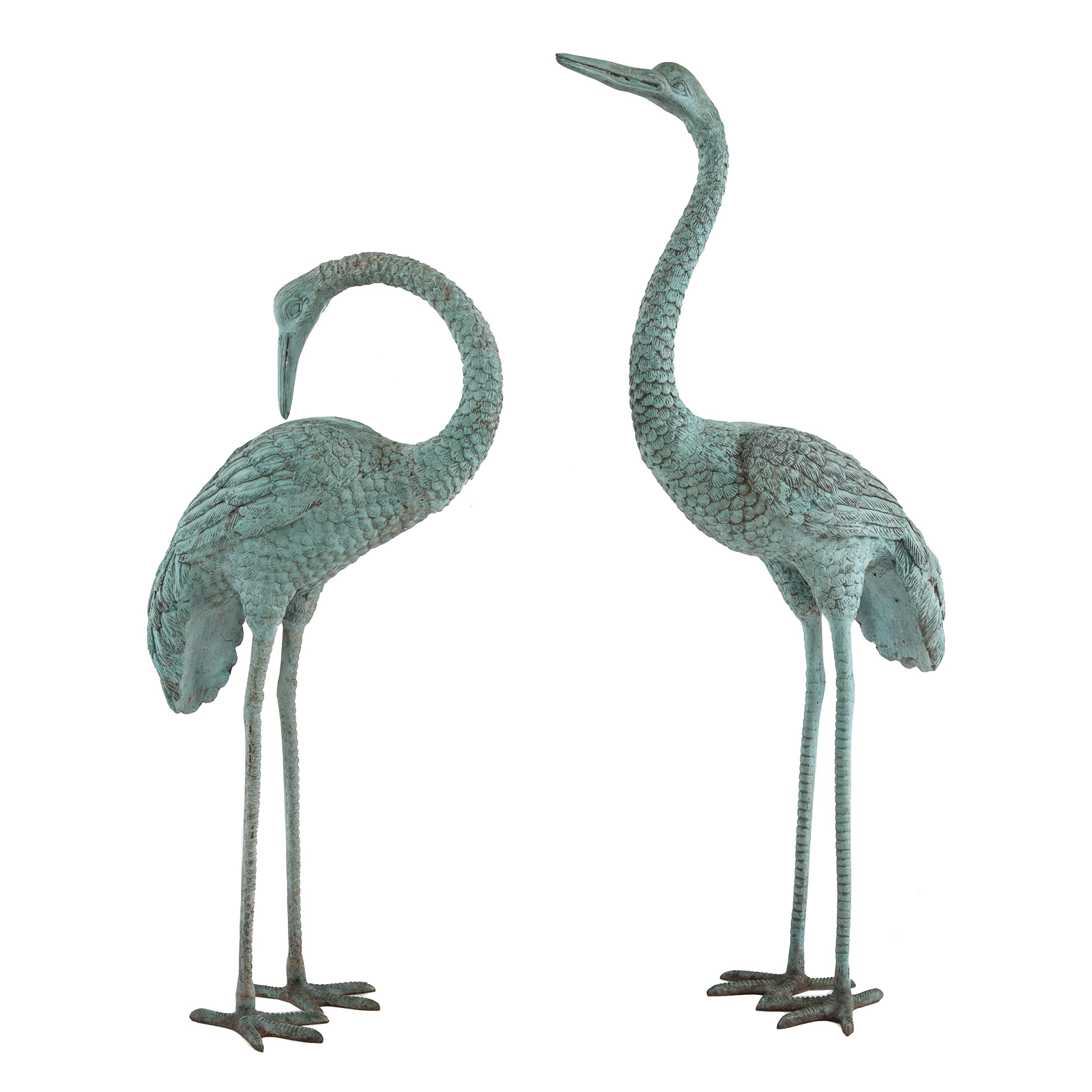 A PAIR OF VERDIGRIS BRONZE HERONS A