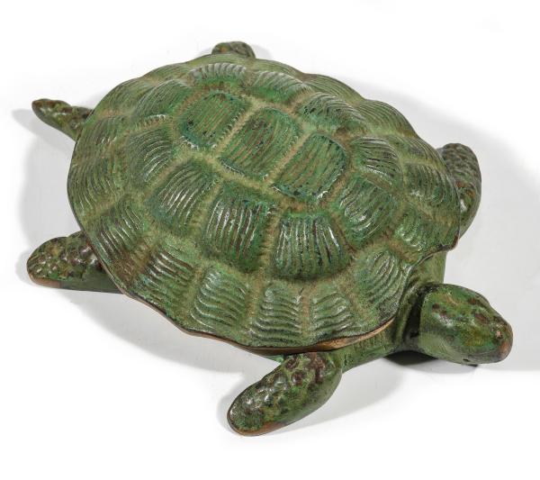 A PATINATED BRASS TURTLE MATCH SAFE