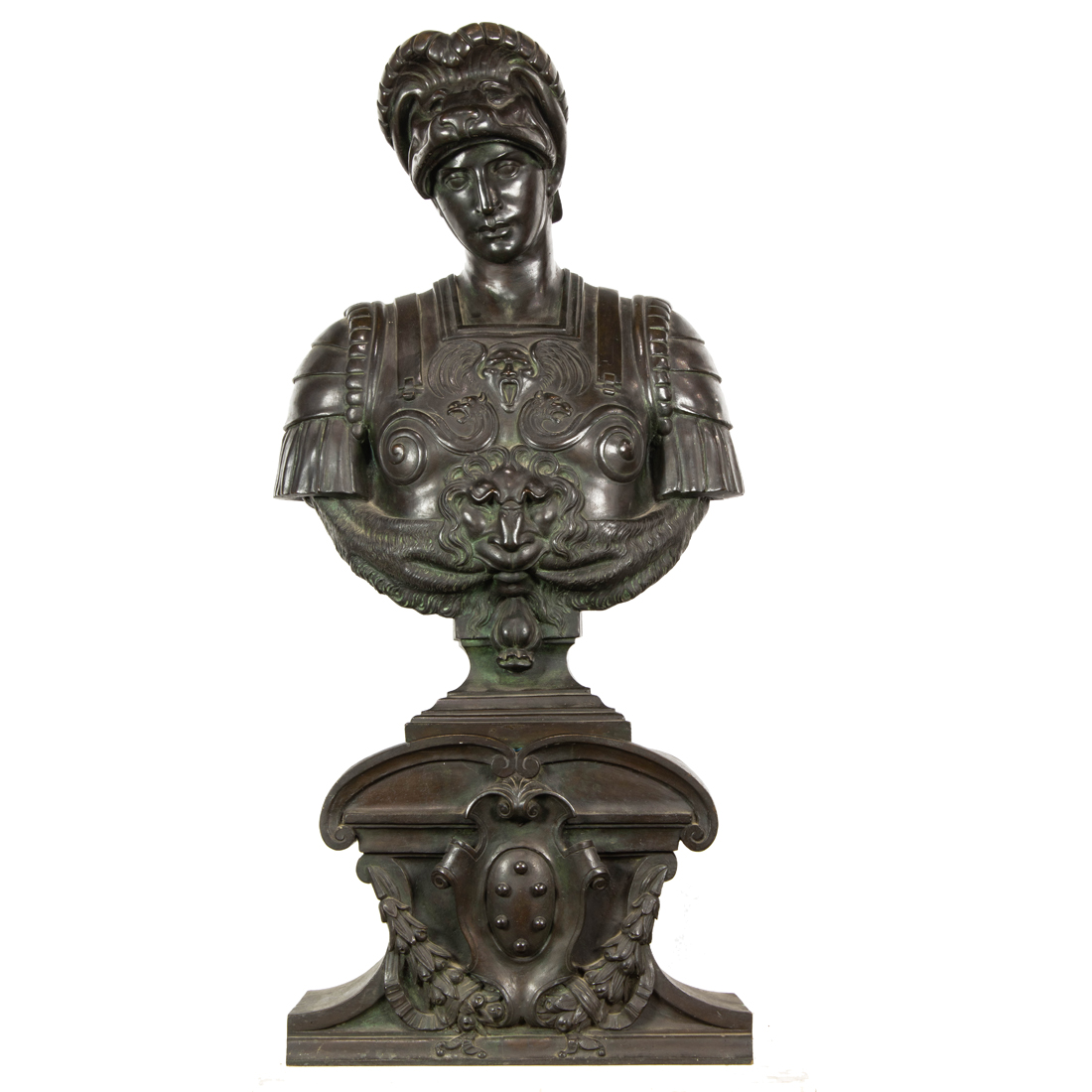 A PATINATED BRONZE BUST OF