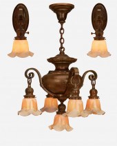 A PATINATED BRONZE CHANDELIER