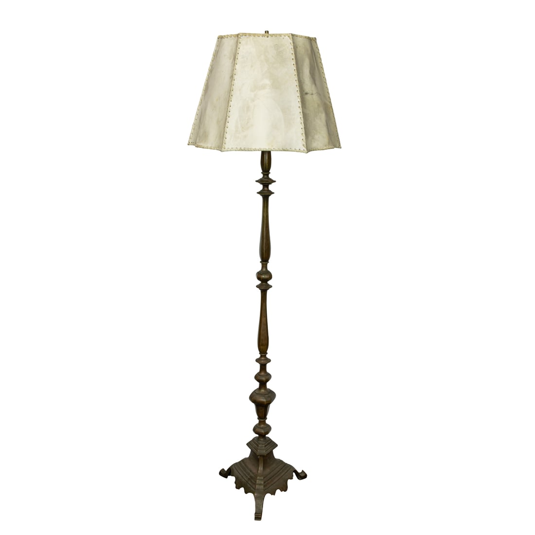 A PATINATED BRONZE FLOOR LAMP IN