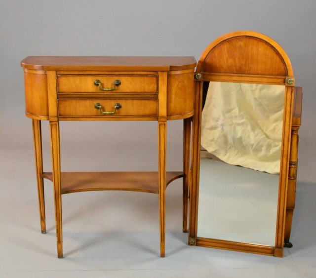 A PECAN HALL TABLE AND MATCHING