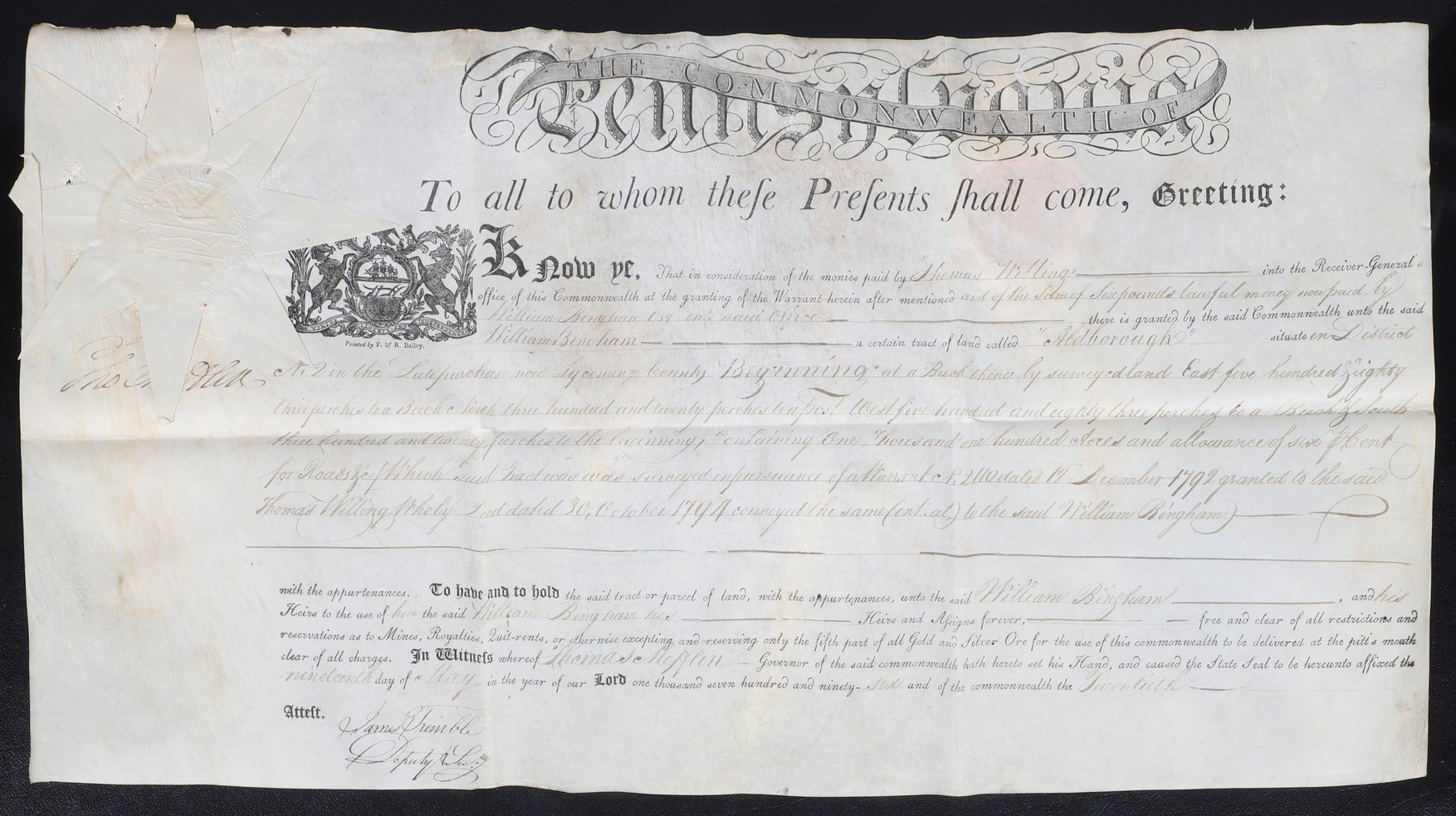 A Pennsylvania land grant on vellum