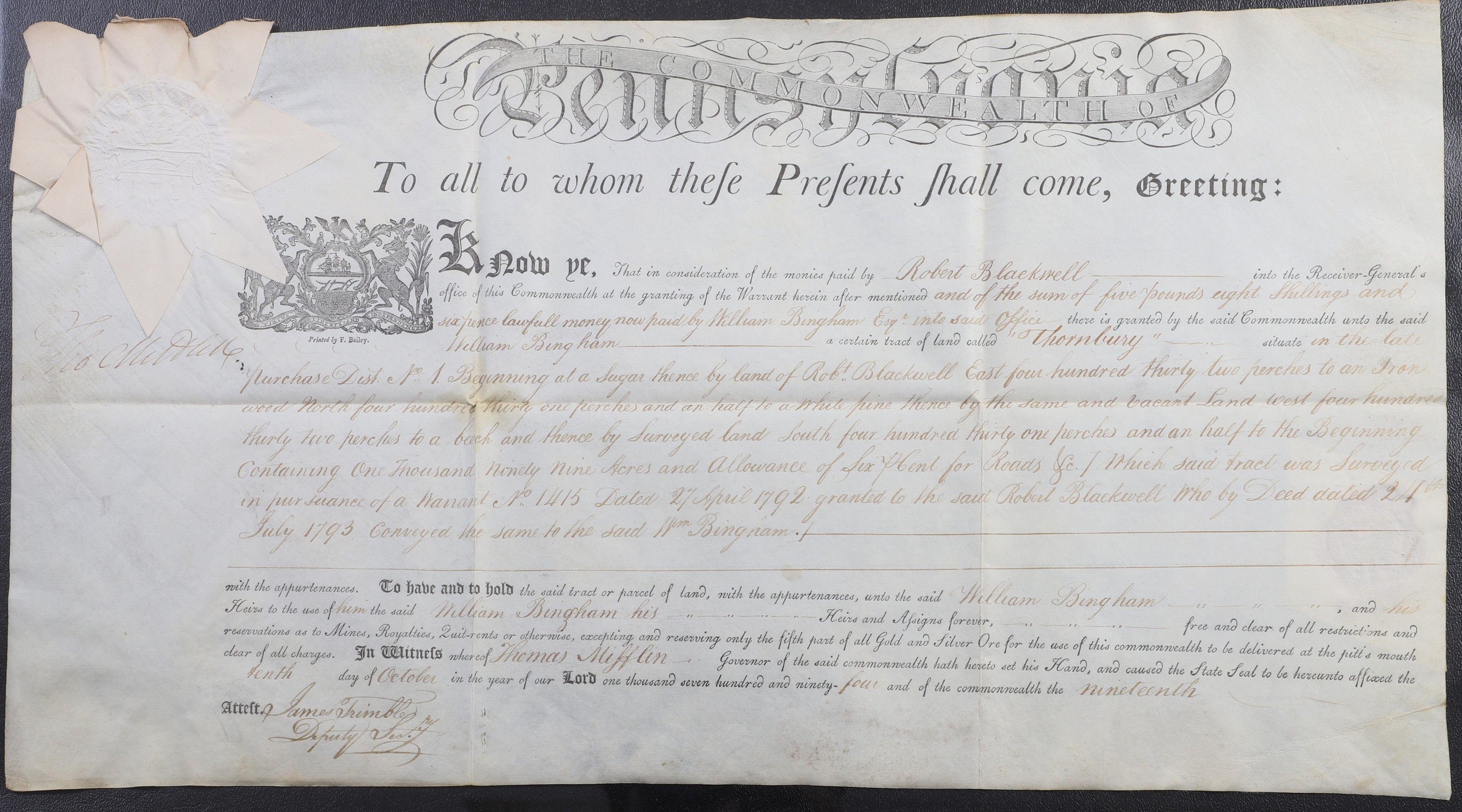 A Pennsylvania land grant on vellum