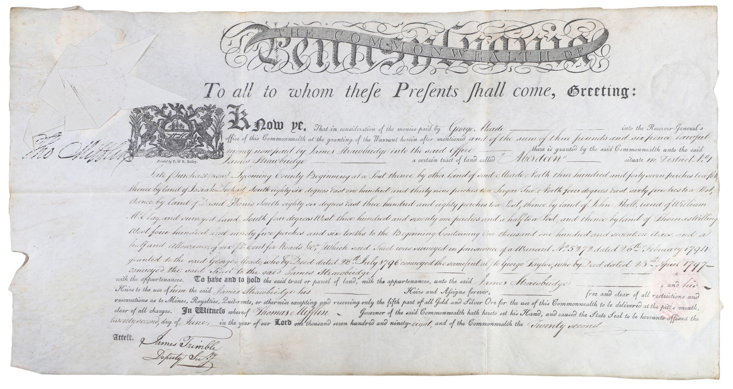 A Pennsylvania land grant on vellum