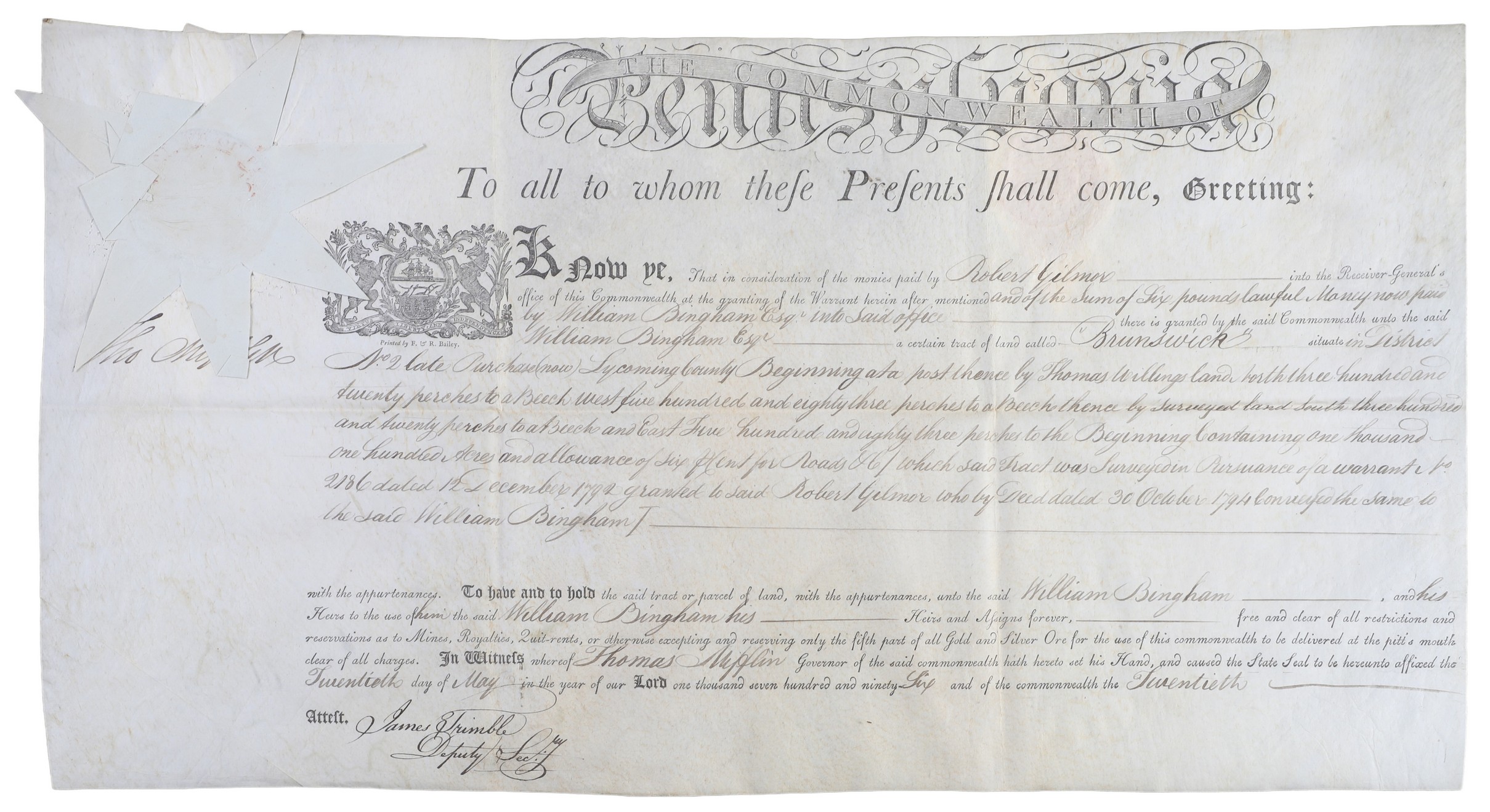 A Pennsylvania land grant on vellum