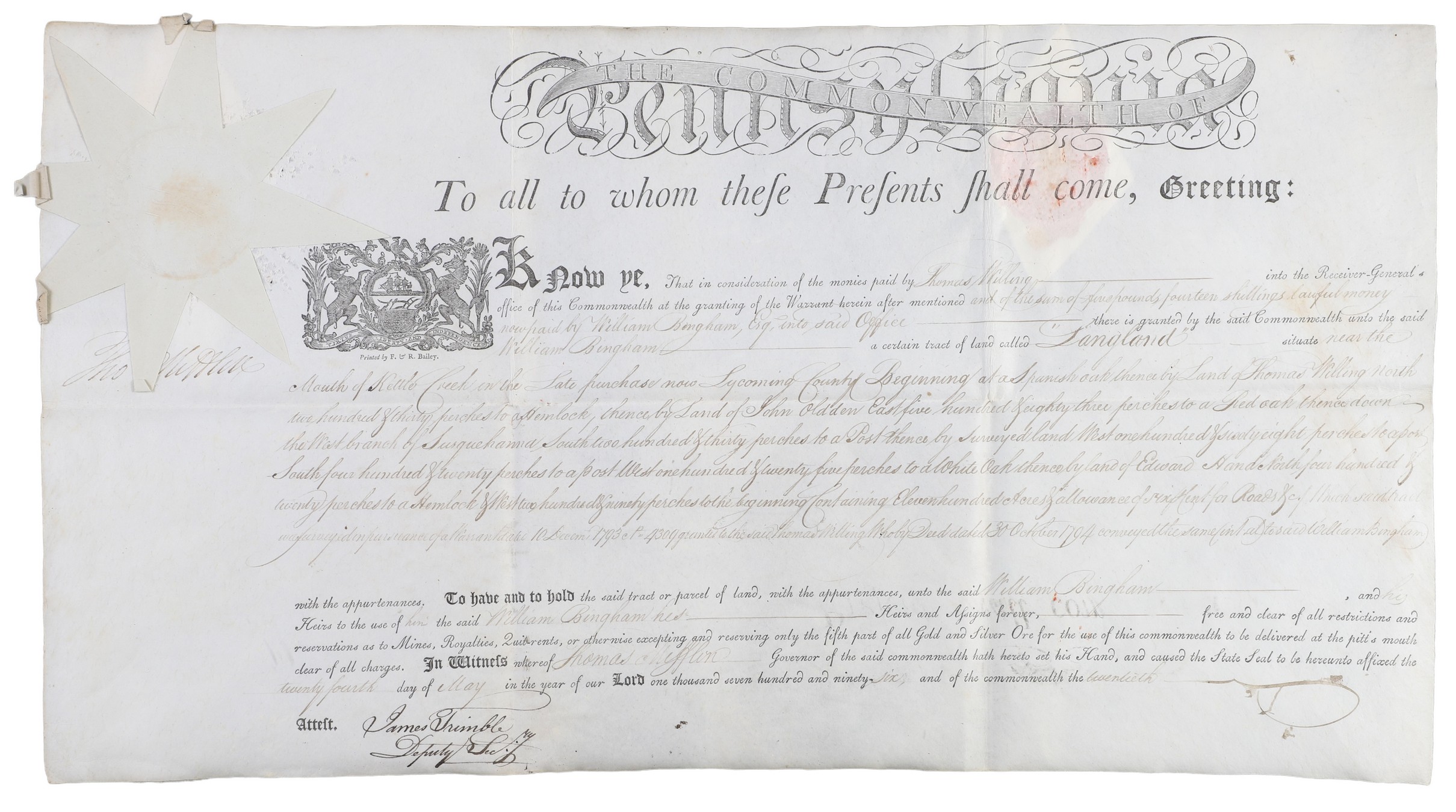 A Pennsylvania land grant on vellum