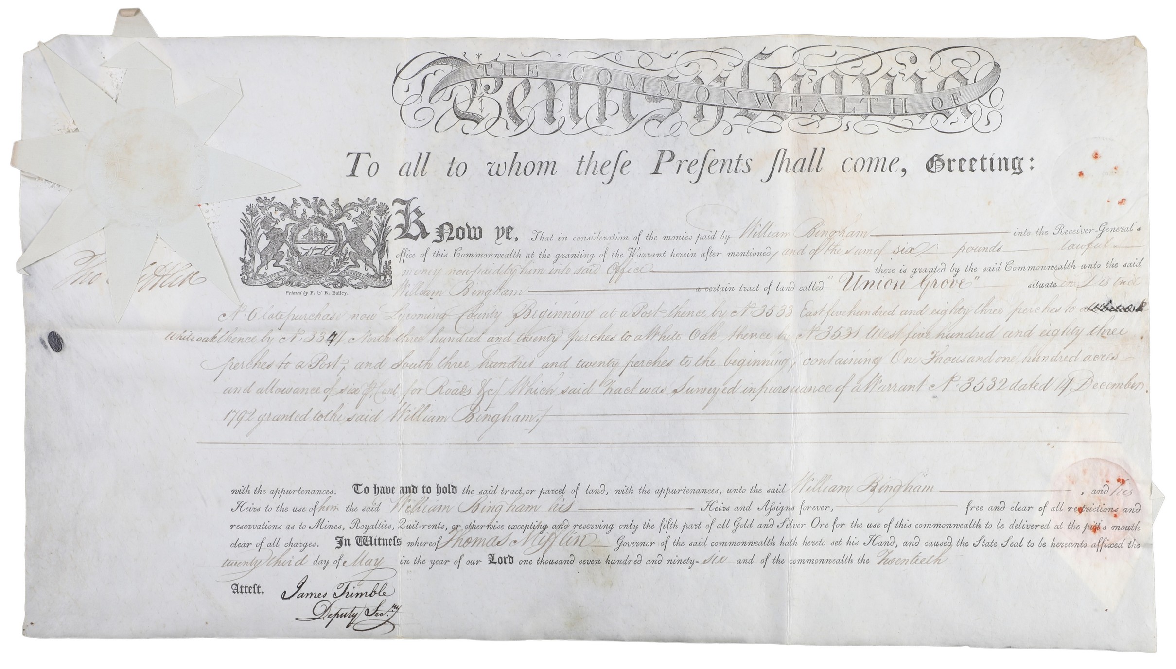 A Pennsylvania land grant on vellum