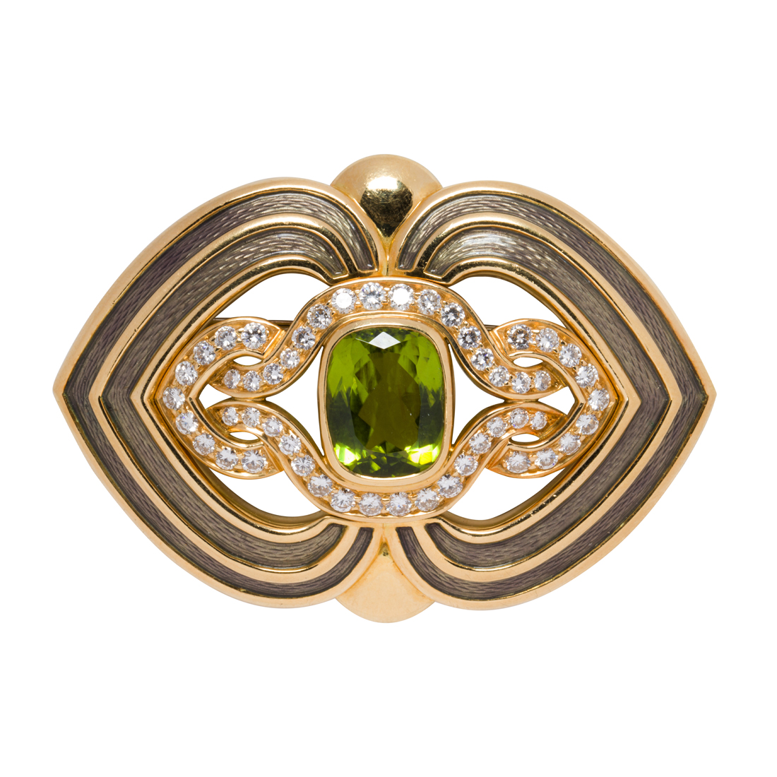 A PERIDOT, DIAMOND, ENAMEL AND