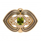 A PERIDOT, DIAMOND, ENAMEL AND