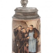 A Pewter Mounted Stoneware Ste