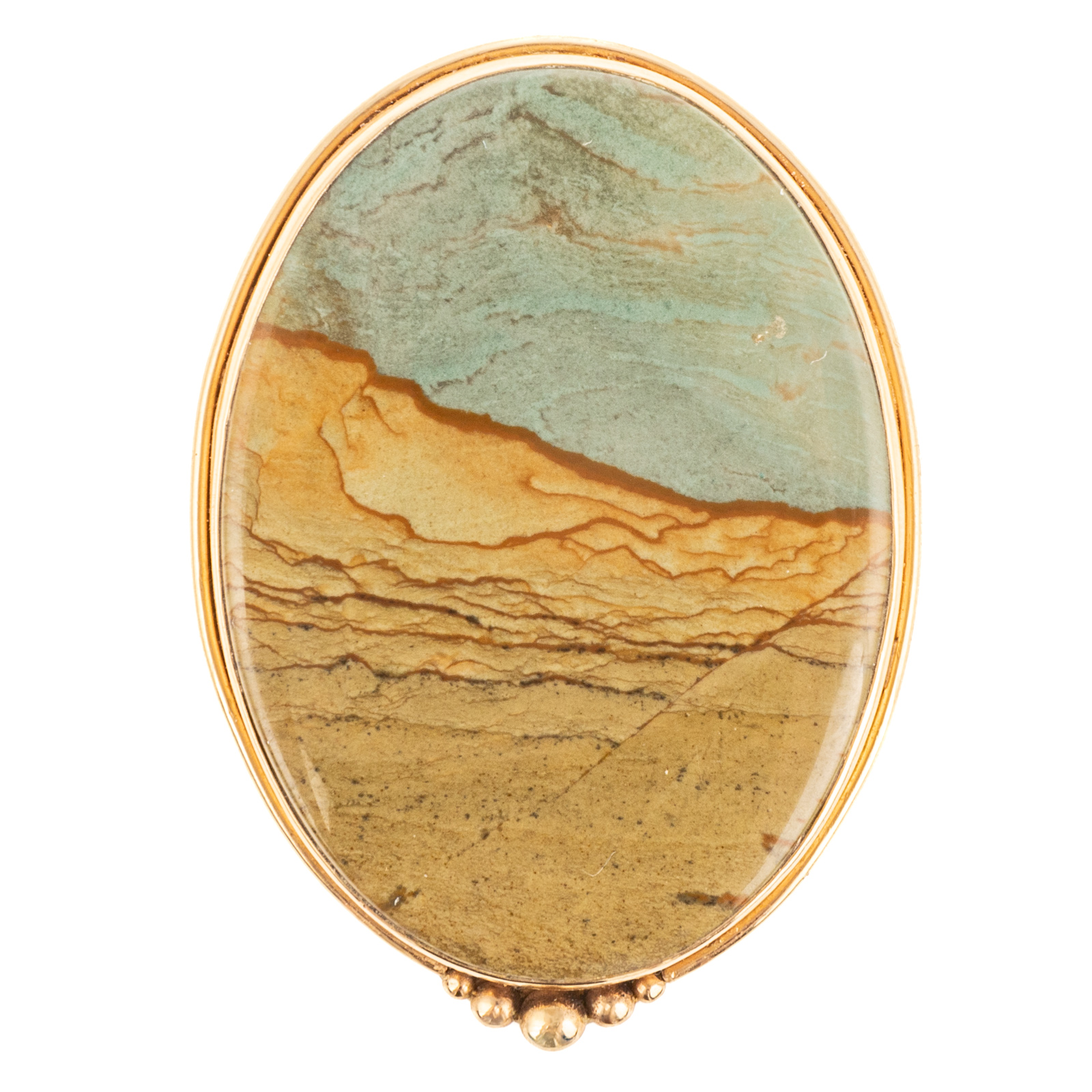 A PICTURE JASPER BOLO TIE IN 14K