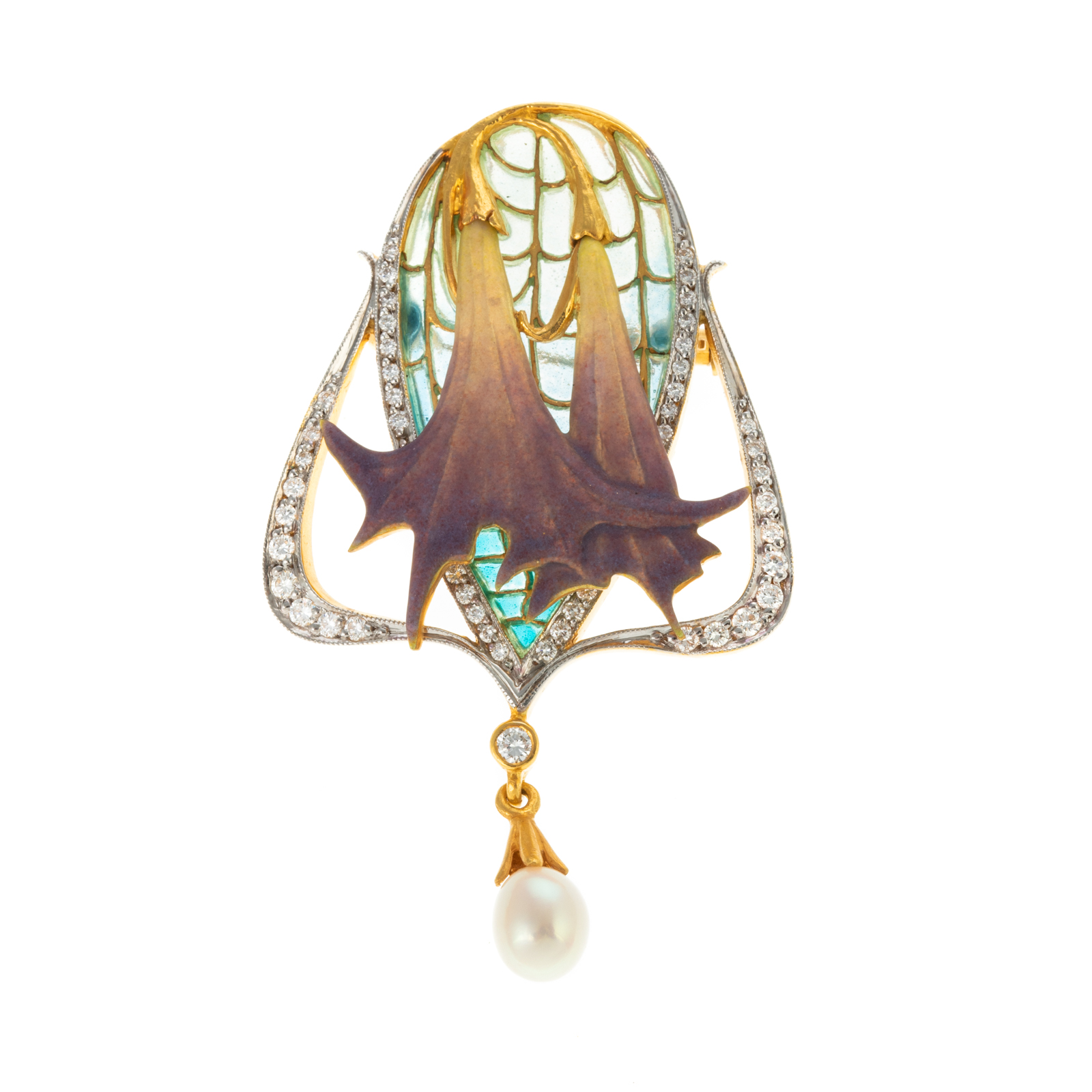 A PLIQUE-A-JOUR DIAMOND & PEARL PIN