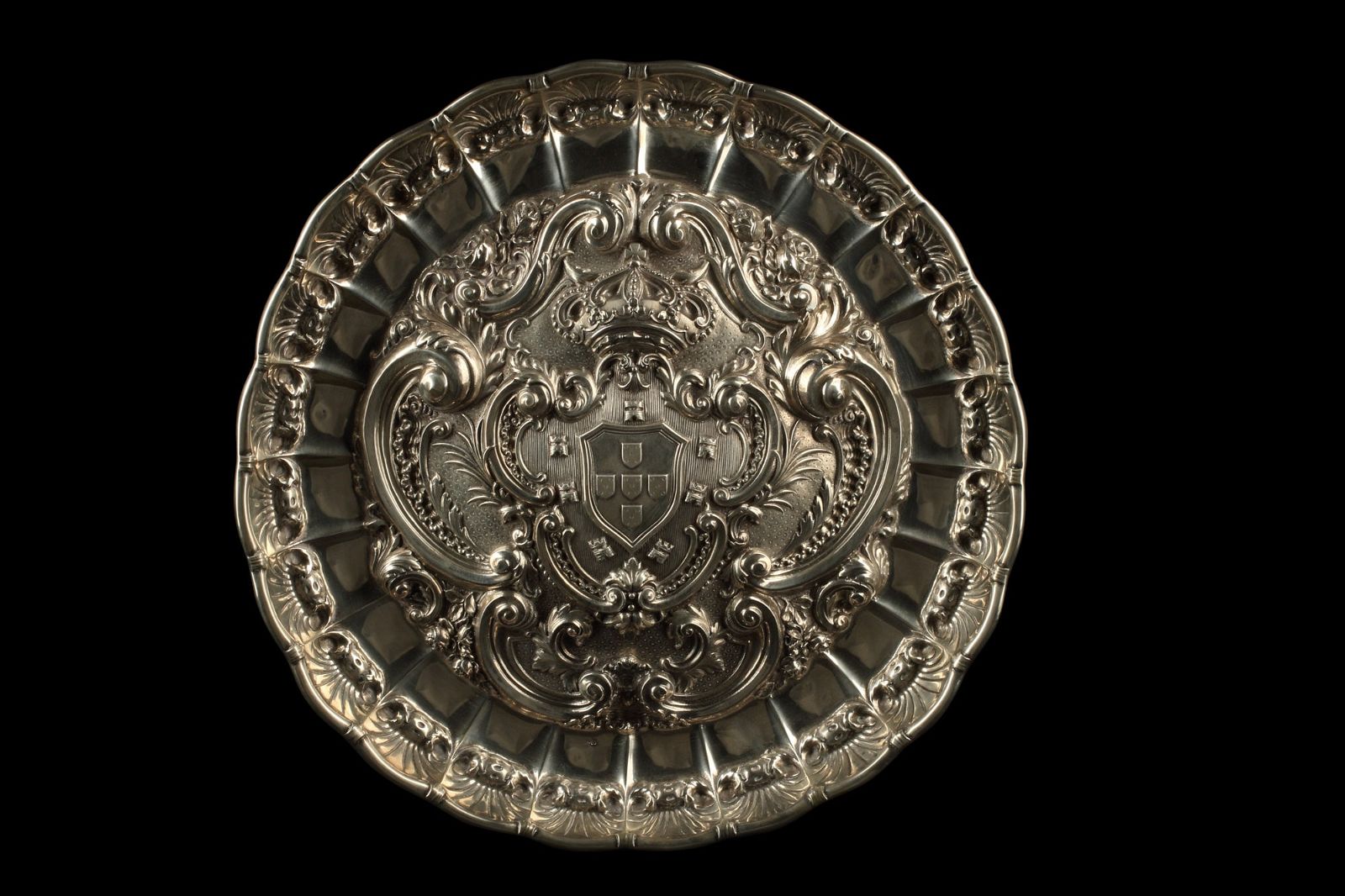 A PORTUGUESE SILVER ARMORIAL ALMS