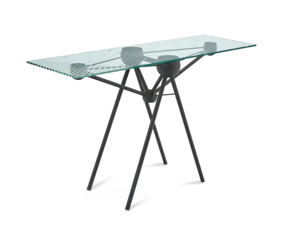 A POSTMODERN STEEL AND ETCHED GLASS