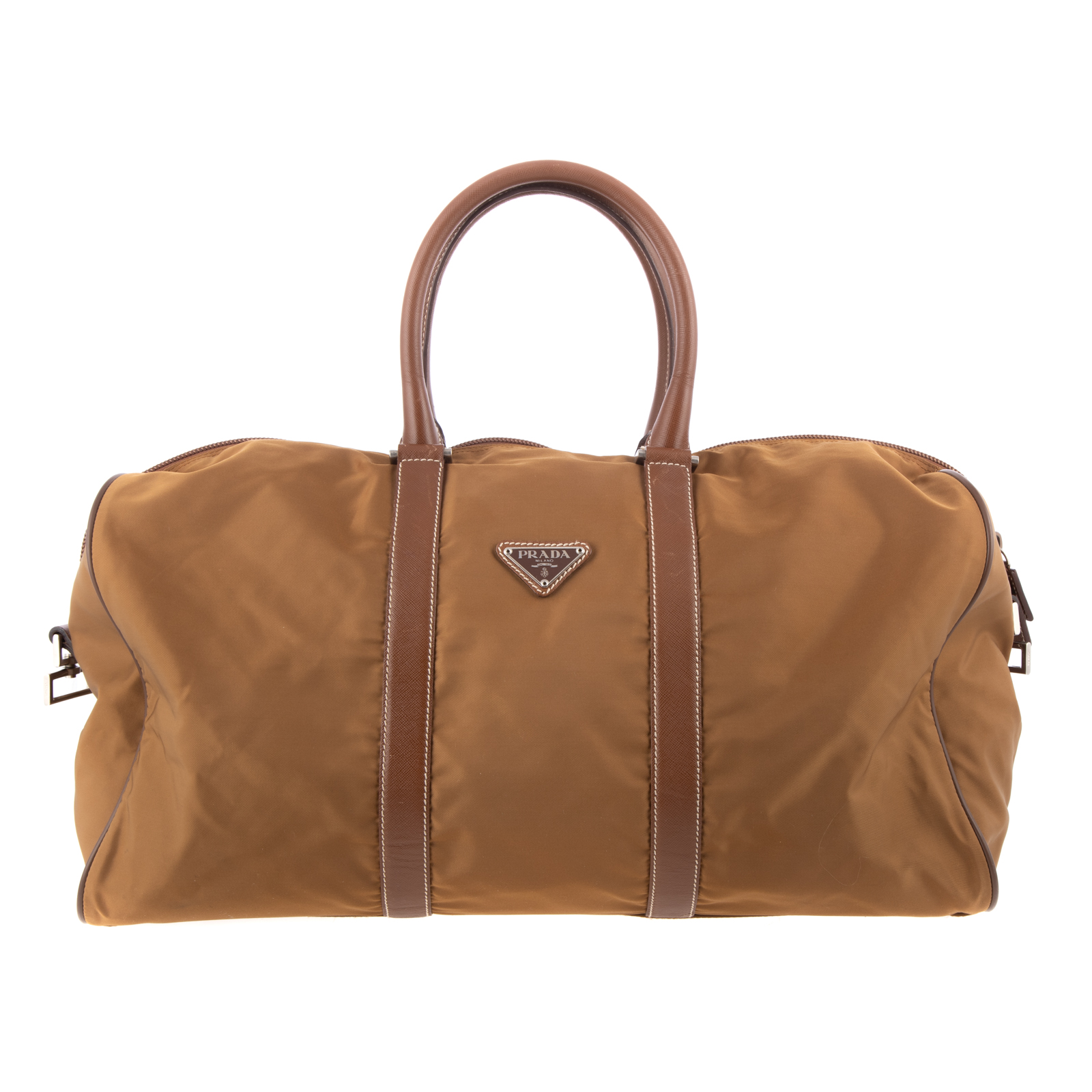 A PRADA NYLON DUFFLE BAG A brown