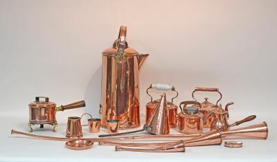 A quantity of copper utensils to