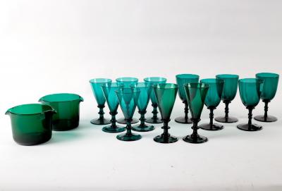 A quantity of green glasses and two