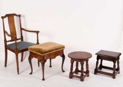 A rectangular oak stool, a circular