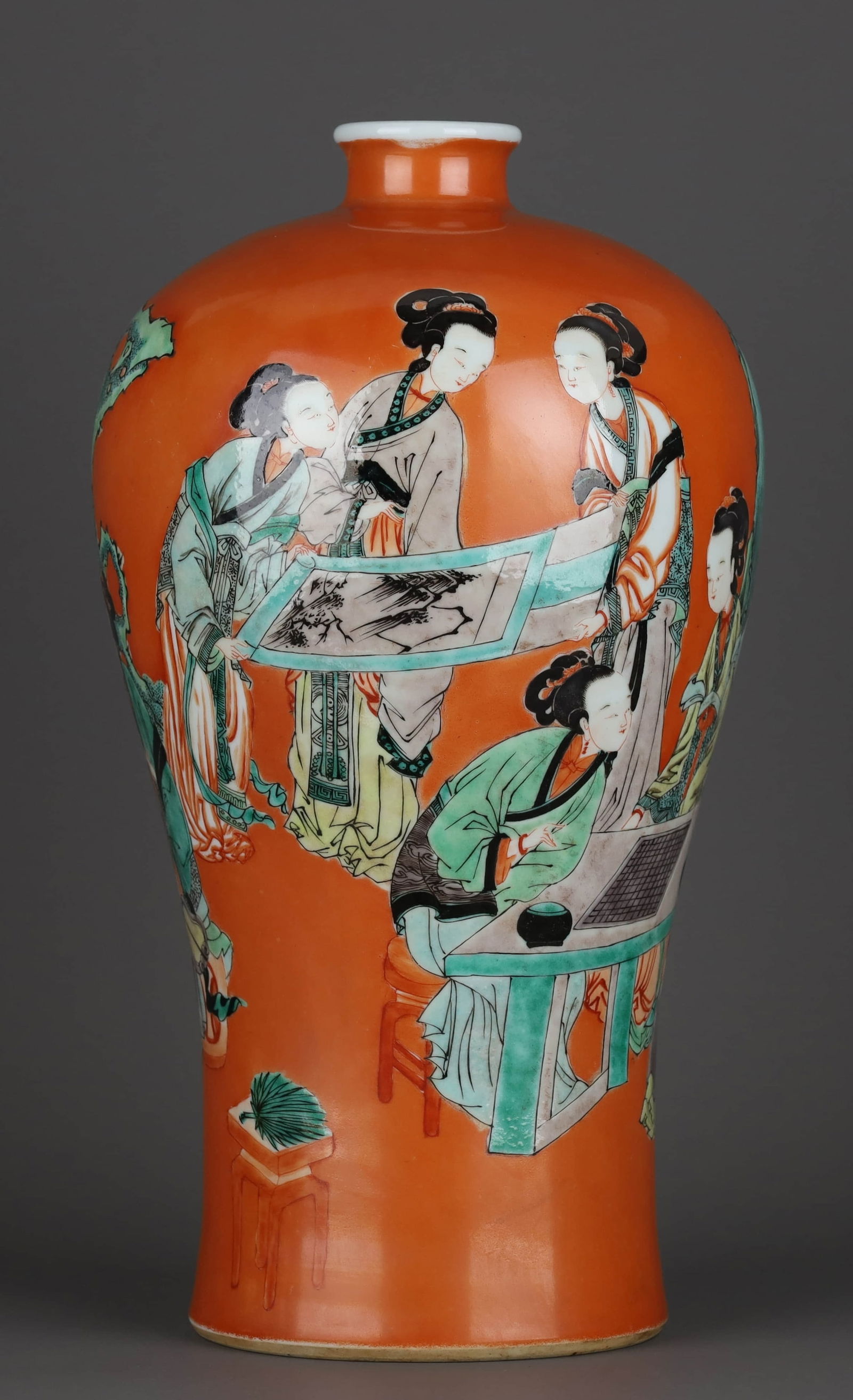 A RED GLAZED WUCAI 'LADY AND ART'