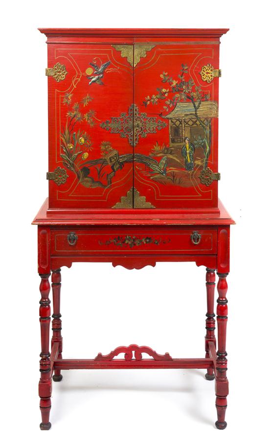 A Red Lacquered Cabinet on Stand