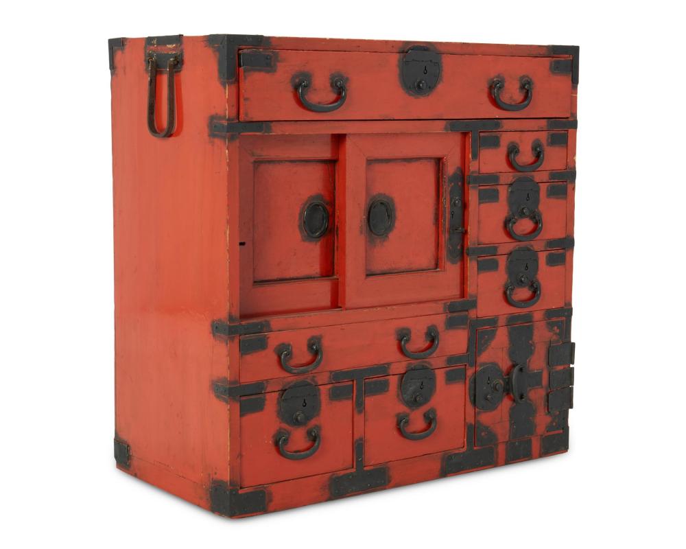 A RED LACQUERED JAPANESE TANSU