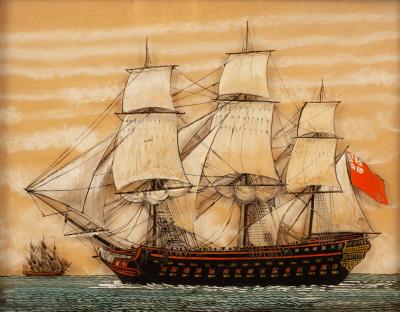 A reverse glass painting of a