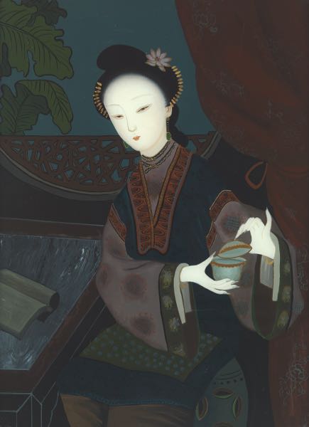 A REVERSE PAINTING ON GLASS OF A