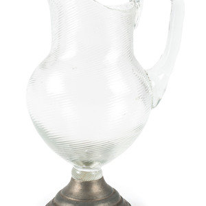 A Ribbed Glass Jug with Pewter