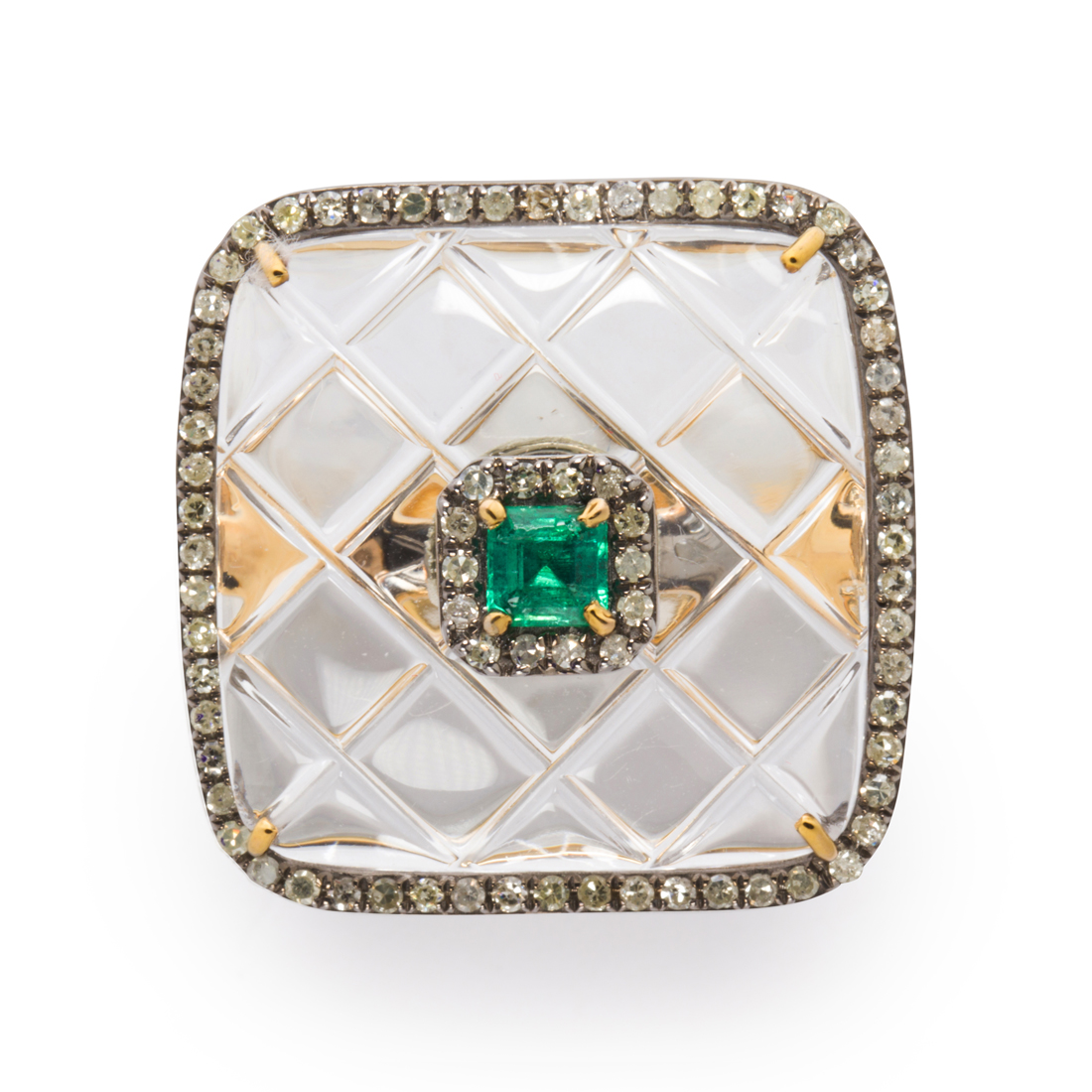 A ROCK CRYSTAL, EMERALD AND DIAMOND