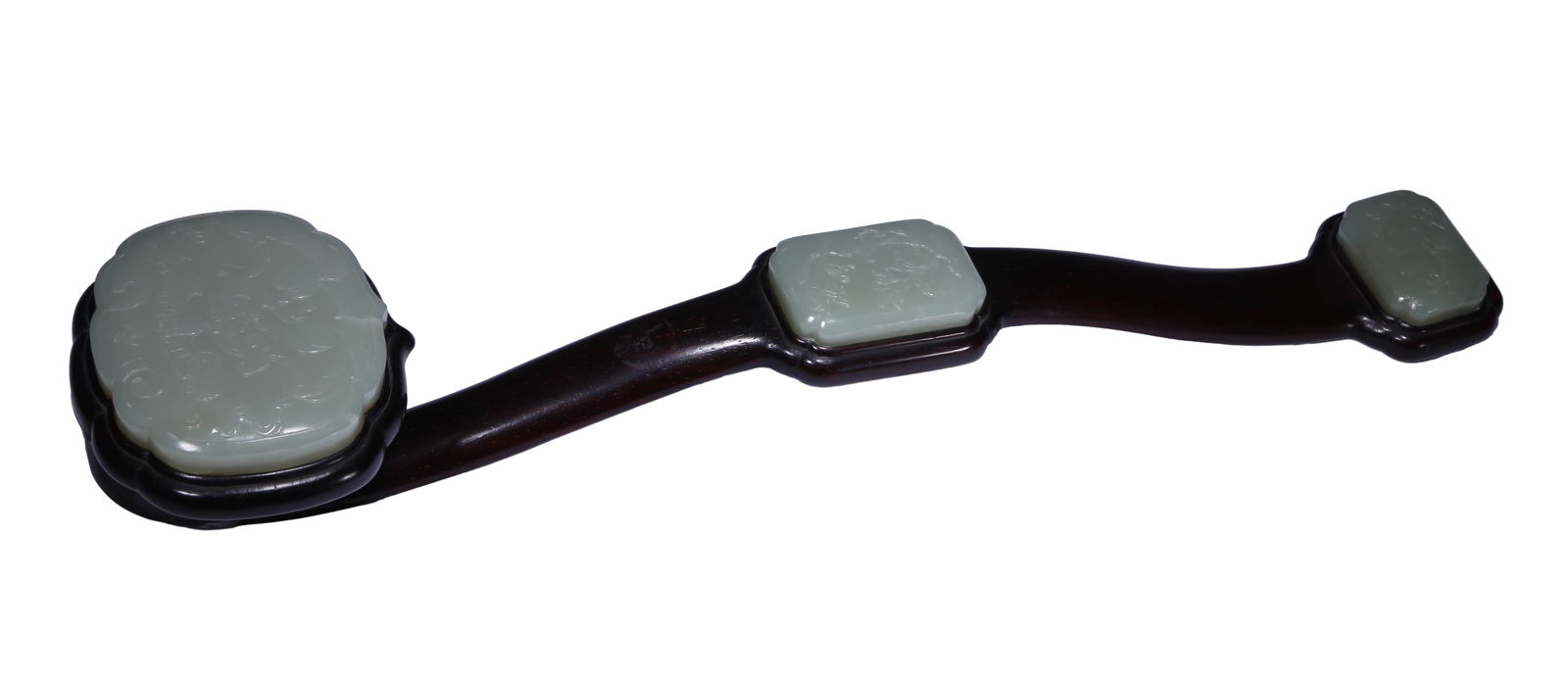 A ROSEWOOD-INLAID WHITE JADE RUYI