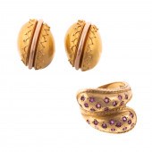 A RUBY BYPASS RING & EARRINGS