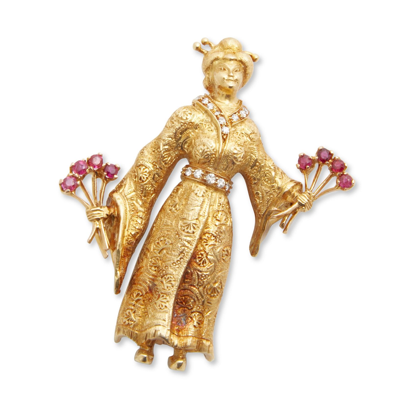 A RUBY, DIAMOND AND 18K YELLOW GOLD