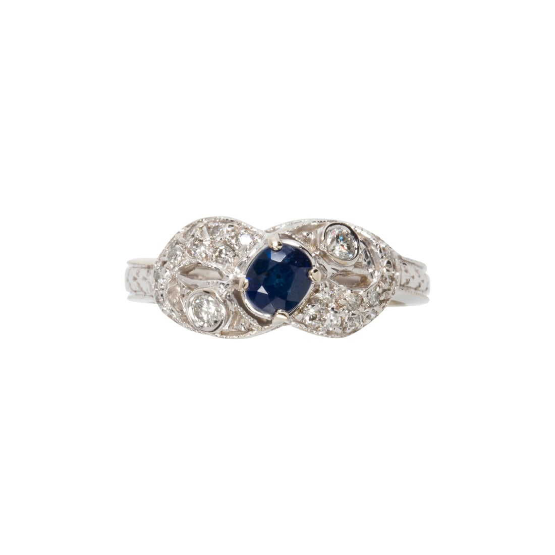 A SAPPHIRE, DIAMOND AND 14K WHITE