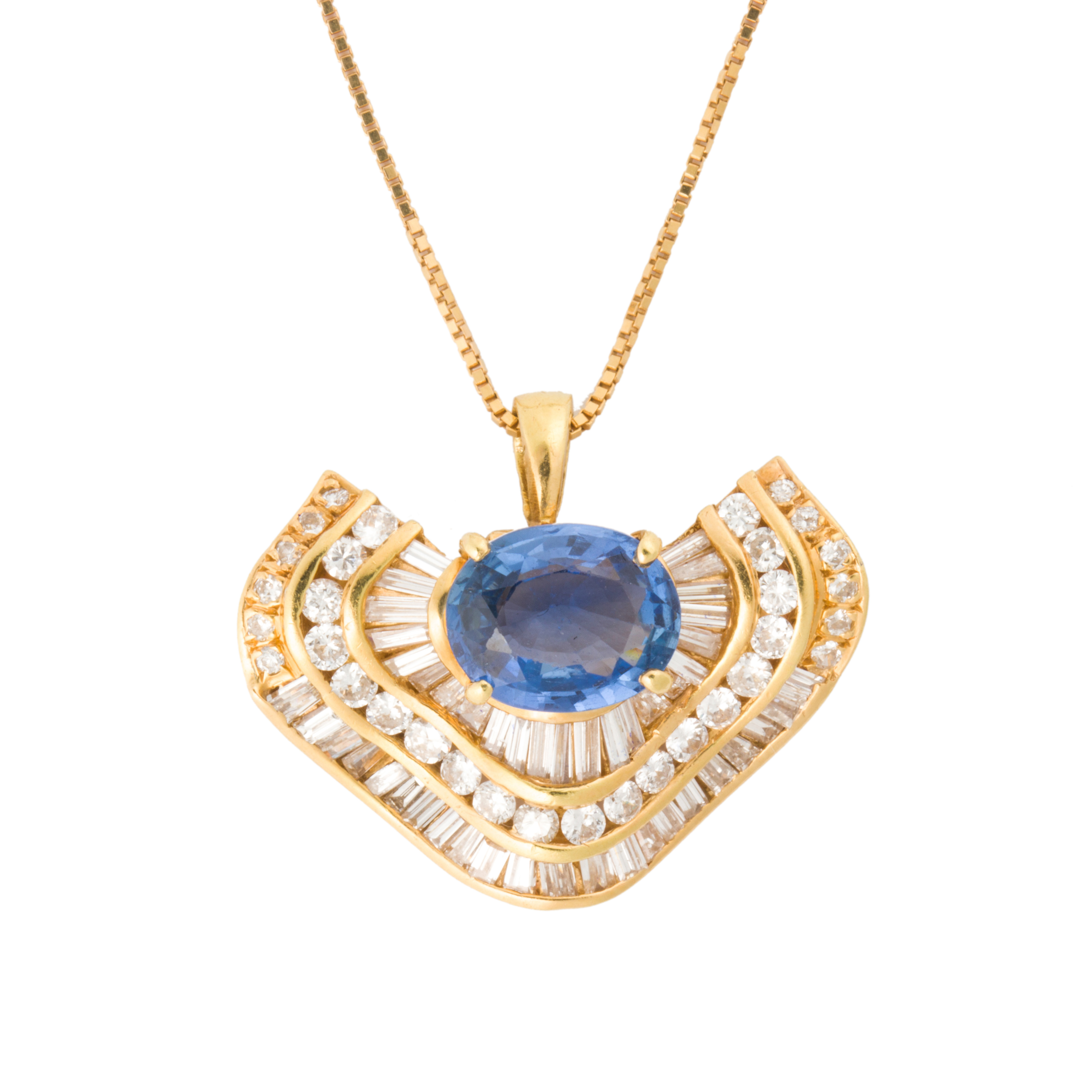 A SAPPHIRE, DIAMOND AND GOLD