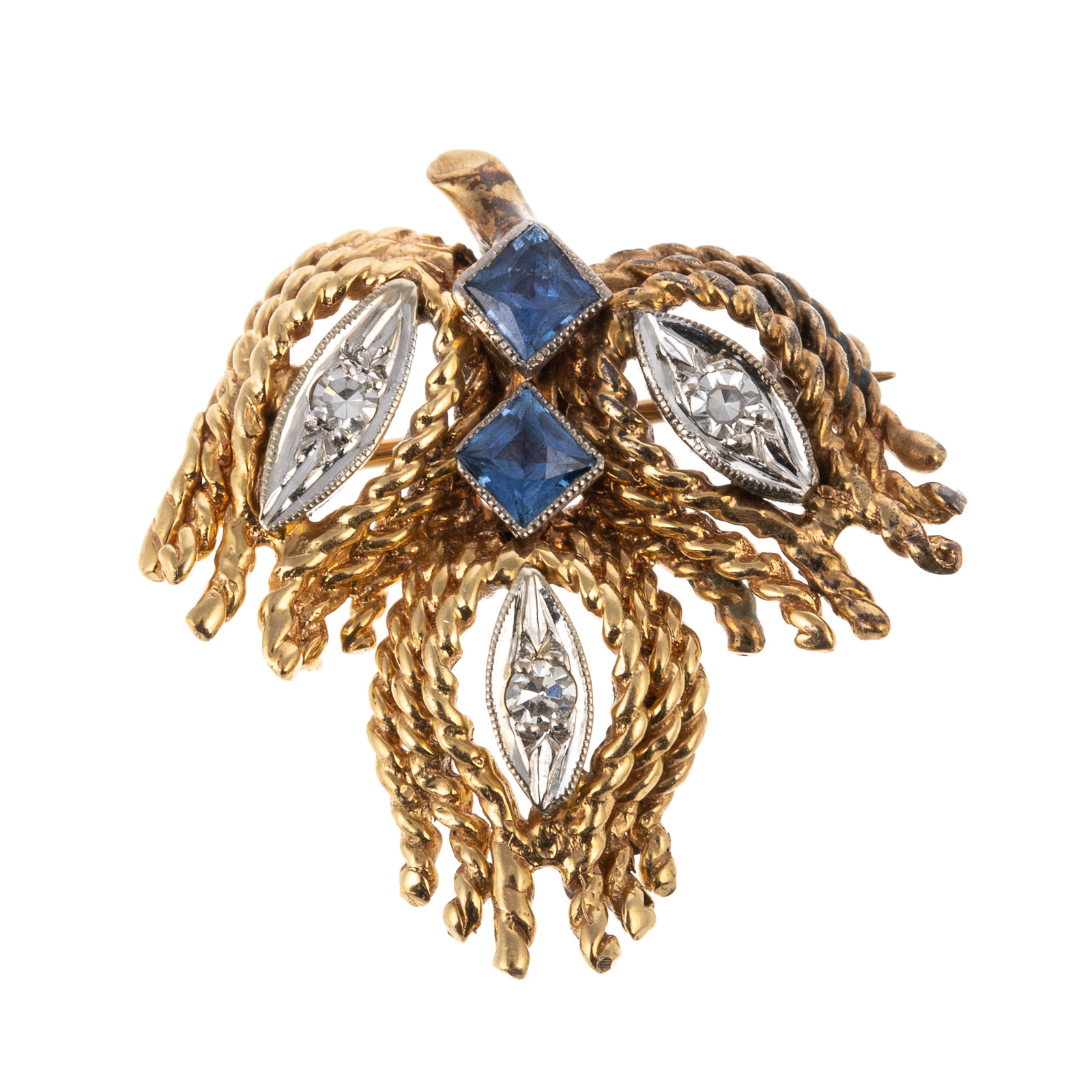 A SAPPHIRE & DIAMOND LEAF PIN IN