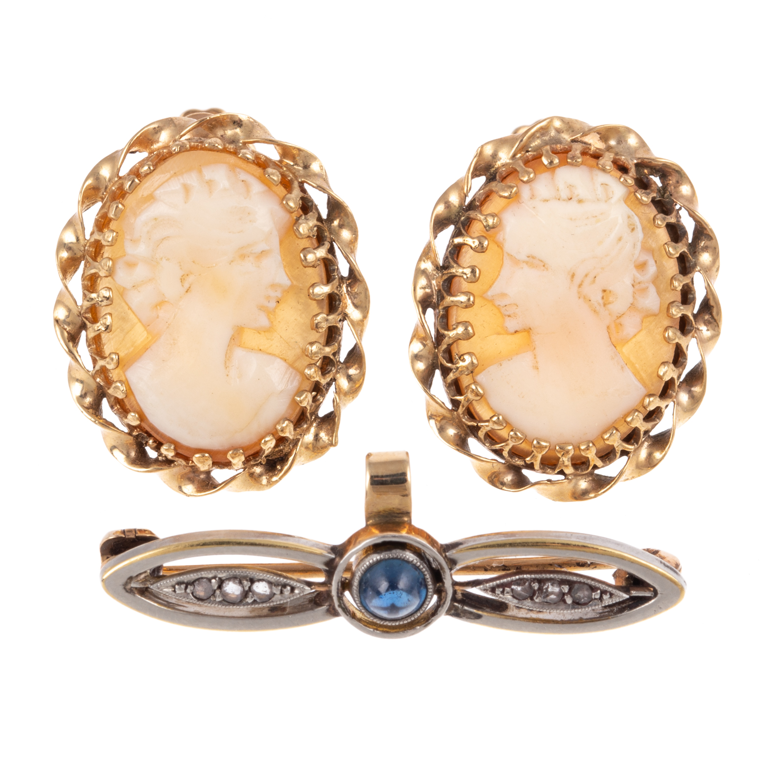 A SAPPHIRE & DIAMOND PIN & CAMEO