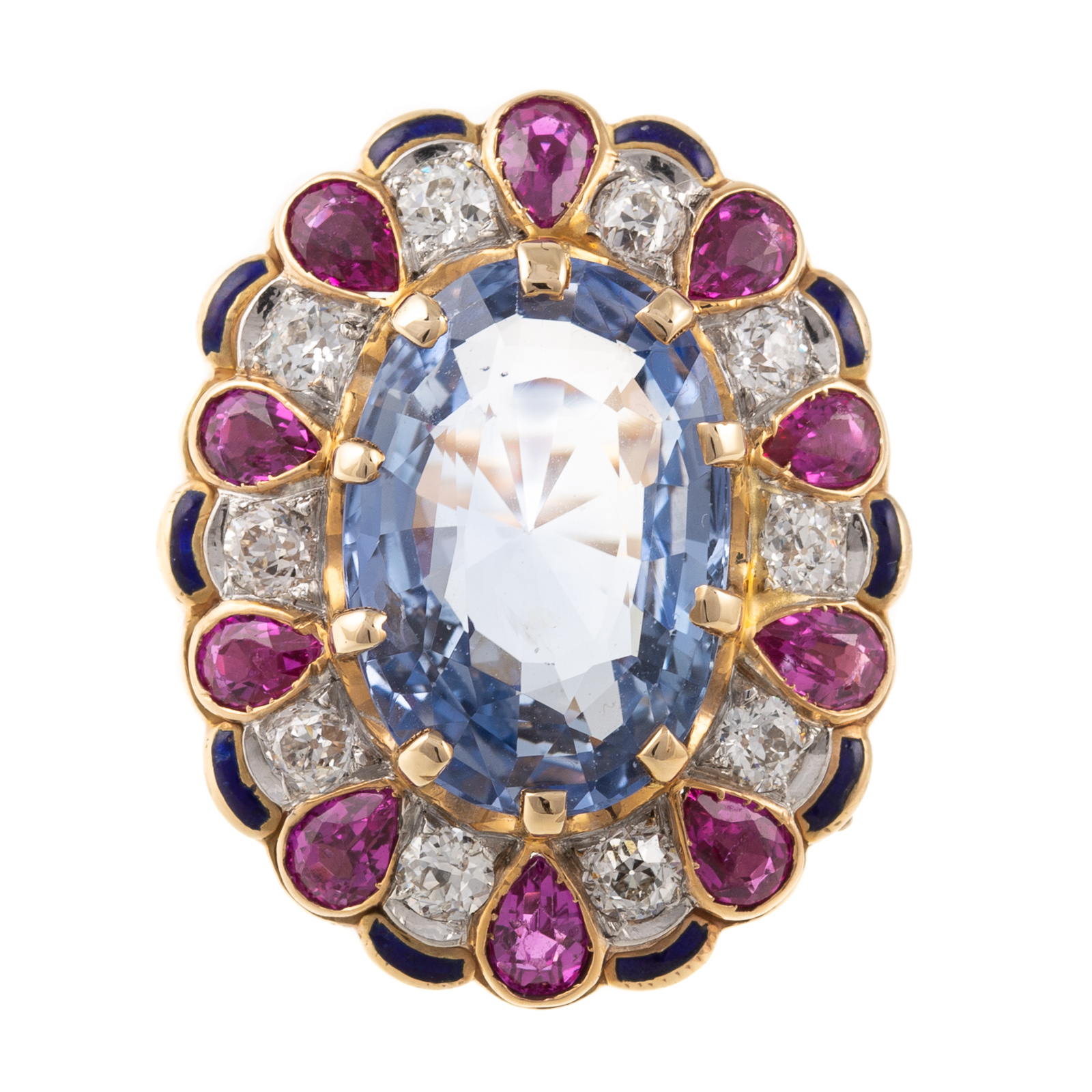 A SAPPHIRE, RUBY, DIAMOND, ENAMEL