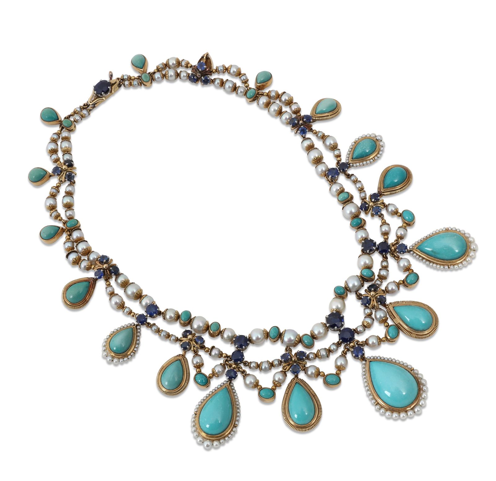 A SAPPHIRE, TURQUOISE, PEARL AND