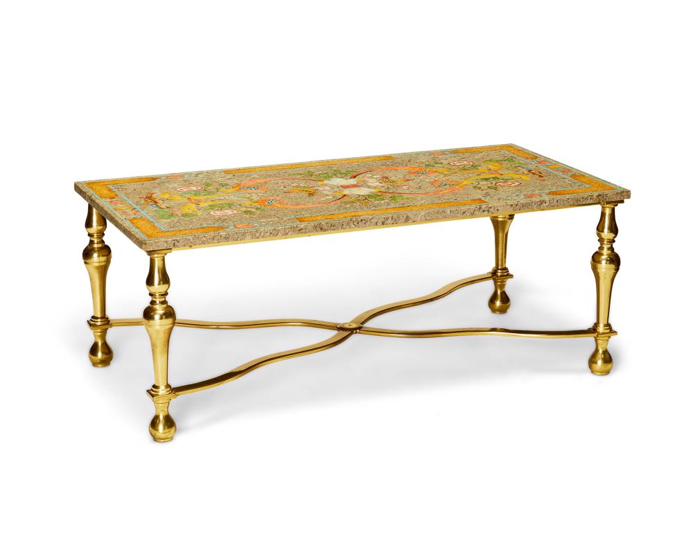 A SCAGLIOLA AND BRASS COFFEE TABLE,