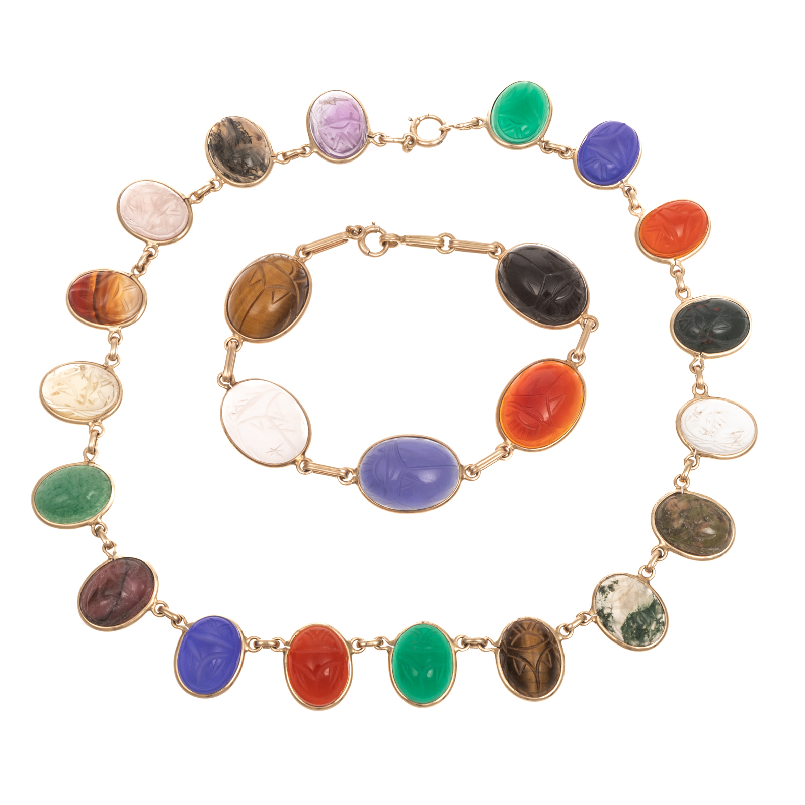 A SCARAB NECKLACE & BRACELET IN 14K