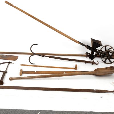 A seed drill, two shepherds' crooks