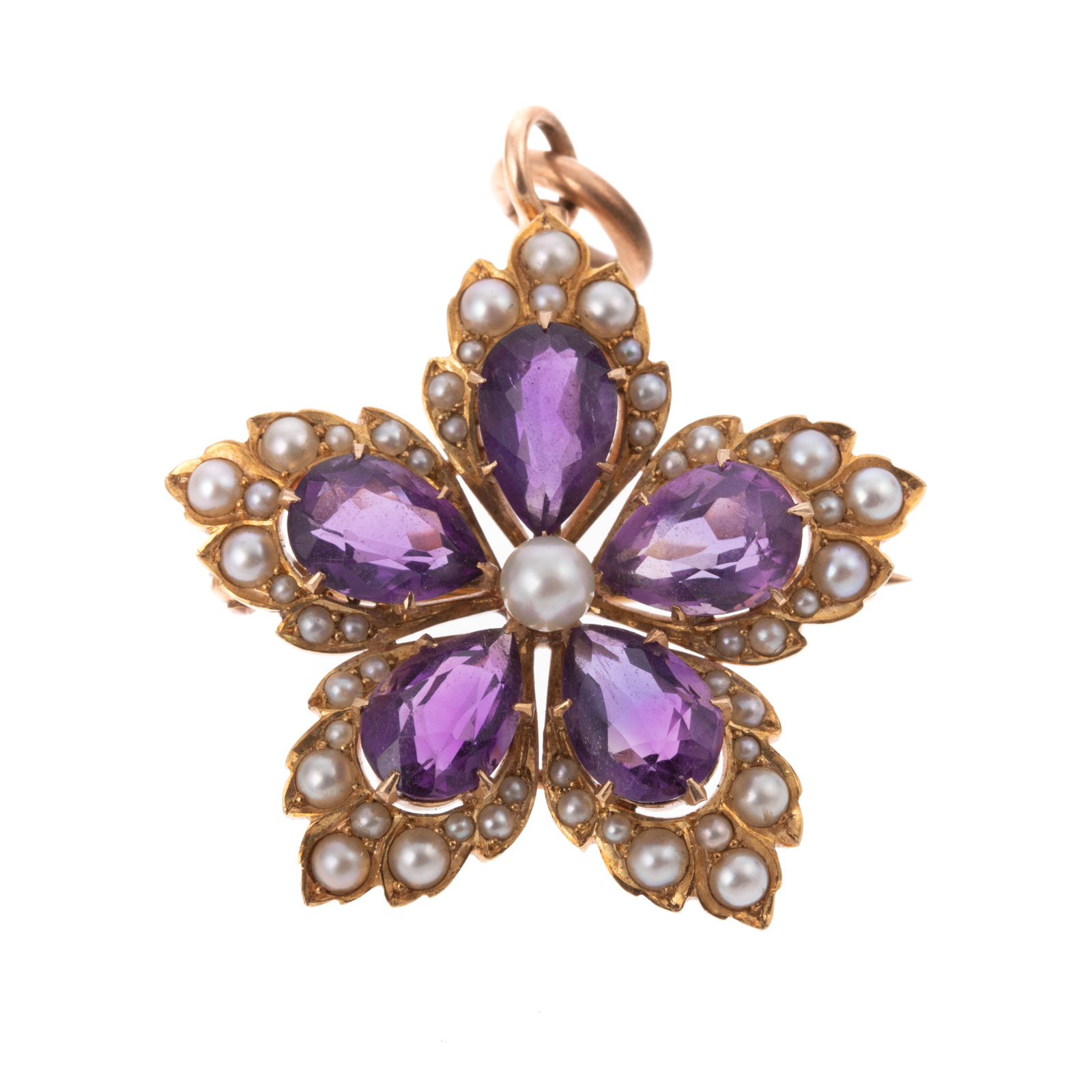 A SEED PEARL & AMETHYST FLOWER